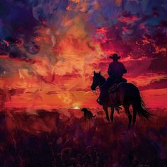 a painting of a man riding a horse at sunset with his dog in the foreground