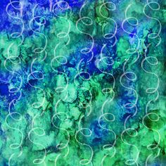 an abstract painting with blue, green and white swirls on the bottom half of it