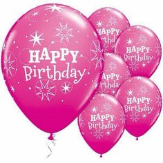 pink balloons with happy birthday written on them in the shape of stars and snowflakes