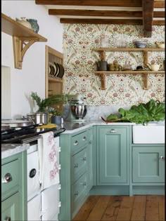 a kitchen with green cabinets and wooden flooring is pictured in this image, there are shelves on the wall above the sink