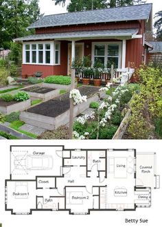 a small red house with lots of plants in the front yard and an open floor plan