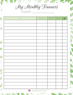 a printable sign up sheet with the words my money finance written in green leaves