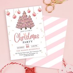 a pink christmas party flyer with ornaments and decorations