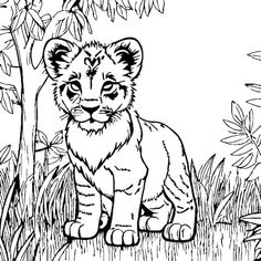 a black and white drawing of a lion cub sitting in the grass next to a tree