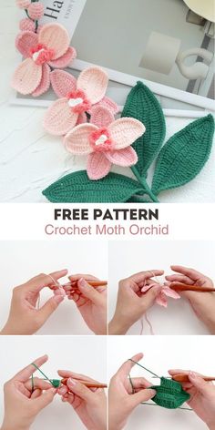 the crochet flower is being used to make this beautiful pink flower with green leaves