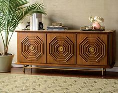 a wooden sideboard sitting on top of a rug next to a potted plant