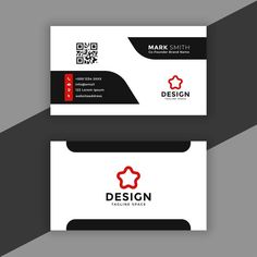 two white business cards with black and red accents on the front, one is for design