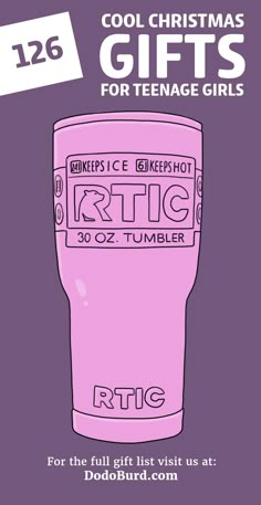 a pink coffee cup with the words rtic on it and an image of a purple background