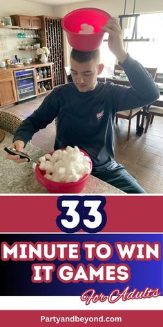 a boy sitting at a table with a red bowl on his head and the words 33 minute to win it games