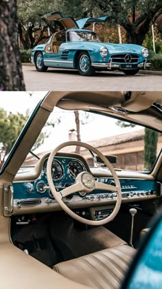 the interior and dashboard of an old mercedes benz is shown in this split screen image