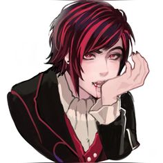 an anime character with red hair wearing a black jacket and white shirt, holding his hand to his face