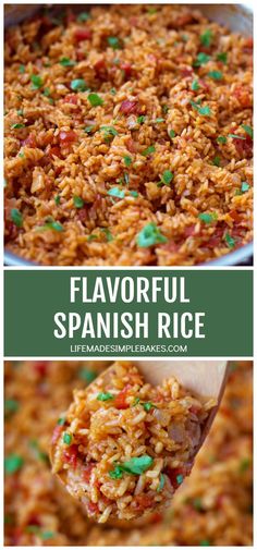 a spoon full of mexican rice with the words flavorful spanish rice above it and below