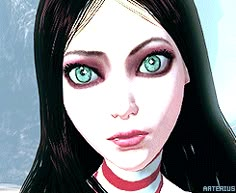 an animated image of a woman with blue eyes and long black hair wearing a red collar