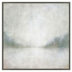 an abstract painting with white and grey colors on the wall, it looks like foggy water