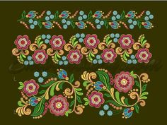 embroidery designs with flowers and leaves on dark green background, including the word's name