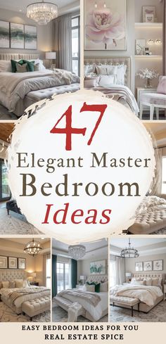 Elevate your master bedroom effortlessly with these 47 stunning design ideas, from elegant nightstands and sophisticated table lamps that enhance ambiance to luxury statement ceiling lights that draw the eye. You'll find plush bedding and decorative throw pillows that create a welcoming and cozy retreat for you. Stylish footrests provide the perfect finishing touch.  Get inspired to create a dreamy sanctuary you'll love! RealEstateSpice.com #BedroomInspiration Bedroom With White Nightstands, Bedroom Redo Ideas Inspiration, Formal Bedroom Ideas, White Bedding Pillow Ideas, Bed Throw Pillow Ideas, Oasis Bedroom Ideas Inspiration, Beautiful Neutral Bedrooms, Master Bedrooms Decor Wallpaper, Primary Bedroom Decor Ideas