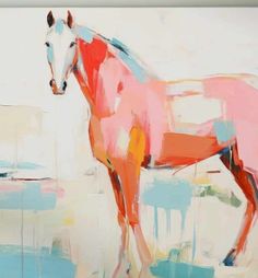 an abstract painting of a horse in pink, orange and blue colors on a white background