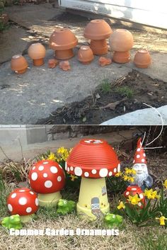 the garden is full of mushrooms and flowers