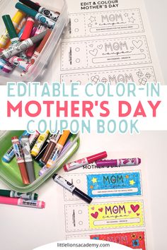 mother's day coupon book with markers and crayons on the table