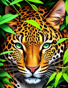 a painting of a leopard with green eyes