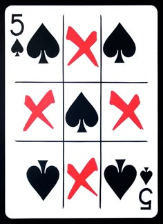 fours and fives playing cards with red crosses on the sides, black hearts in the middle