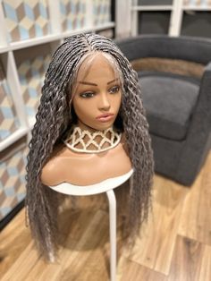 Braided Gray Waterwave Lacefront Wig Length is 24 inches Very natural looking. We make to suit Small, Medium and Big head sizes. This wig is not puffy or heavy on the head. Wig details:  100% handmade. 🔹Natural Edges with Baby Hair 🔹Elastic band for a perfect fit 🔹Premium kanekalon braiding hair  🔹Medium Density  🔹Comfortable and Durable  🔹Hot Water Set Possible. Hair Care: The wig can last for over 2 years depending on the care. Use lukewarm water and shampoo to wash wig.  Do not squeeze. Air dry to dry the wig.  Please keep in an airy place (place with a lot of air)  Use sheen spray to retain gloss & shine. This is a custom made to order braided wigs. it is handmade within 10 business days  Best quality or your money back!  We refund if you are not satisfied with it, but please let Triangle Braids, Kanekalon Braiding Hair, Lacefront Wig, Natural Edges, Micro Braids, Hair Elastic, Ombre Wigs, Hair Medium, Black Wig