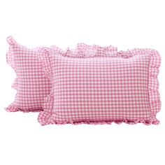 two pink gingham pillows with ruffled edges