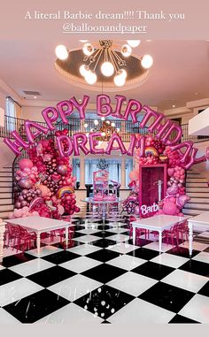 the entrance to a birthday party with pink decorations and balloons on the wall, in front of a black and white checkered floor