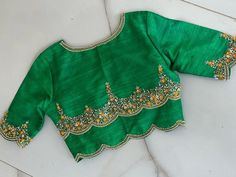 Green Blouse Designs, Fashionable Saree, Hand Embroidered Blouse, Blouse Designs High Neck, Model Blouse, Maggam Work Blouse