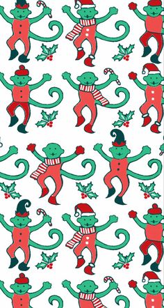 an image of a christmas pattern with green and red monkeys on white background, all dressed up for the holiday season