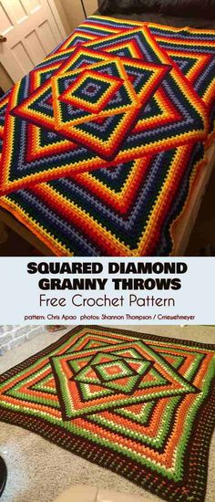 a crocheted blanket is shown with the words squared diamond granny throw on it