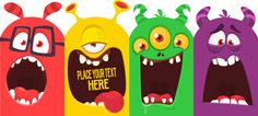 three cartoon monsters are standing next to each other, with their mouths open and the words place your text here