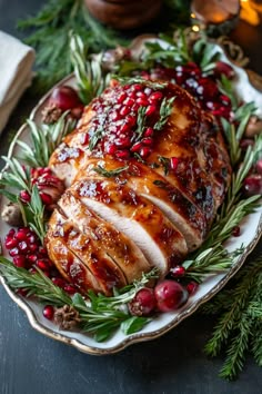 Roasted turkey garnished with rosemary, cranberries, and pomegranate seeds on a serving platter Thanksgiving Spread Aesthetic, Xmas Dinner Party Ideas, Turkey Christmas Recipes, Christmas Dinner Inspiration, Boujee Thanksgiving Food, Holiday Main Course Ideas, Bbq Thanksgiving Dinner, Christmas Table With Food, Christmas Eve Dishes