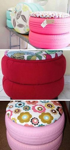 three different types of pillows stacked on top of each other, one pink and the other green