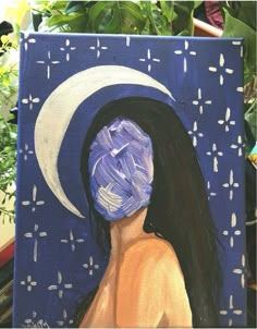 a painting of a woman wearing a blue hat with the moon in her hair and stars on it