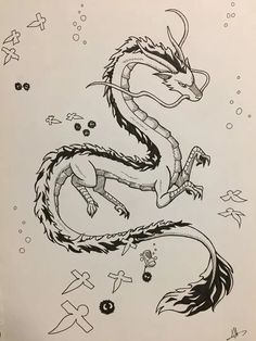 a black and white drawing of a dragon