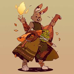 the rabbit is holding an instrument in his hand and wearing a dress with leaves on it