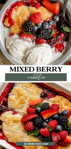 mixed berry cobbler in a bowl with ice cream and berries