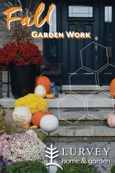 an advertisement for a fall garden work with pumpkins and gourds on the steps