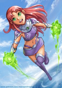 a cartoon girl flying through the air with green sprinkles in her hair