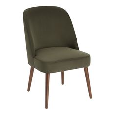 an olive green chair with wooden legs