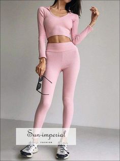 Sun-imperial Women Pink Raglan Shoulder Rib Crop Long Sleeve Hoodie and Rib Leggings Two Piece Set Yoga Long Sleeve, Crop Long Sleeve, Pink Yoga, Pink Set, Ribbed Leggings, Women Pink, How To Measure, Pant Length, Pink Leggings