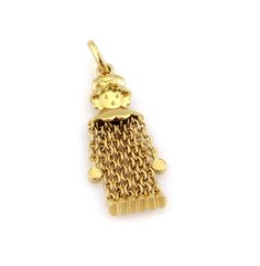 "This authentic Pomellato pendant is finely crafted from 18k yellow gold. It features a cute girl with a hat and her body, hands and feet are oval flex link chain with a soft liquid feel, the chain dangles from her neck.  It is fully signed with Pomellato and the gold content. Brand: Pomellato Hallmark: Pomellato 750 Material: 18k yellow gold Measurement: 1.96\" long w/bail and 18mm wide Without bail: 1.67\" long Weight: 10.9 grams 13941" Gold Dangling Charms Costume Necklace, Vintage Gold-plated Jewelry With Dangling Charms, Gold-plated Dangling Gold Charms, Vintage Gold Charms With Dangling Details, Vintage Charm Gold-tone Brass Necklace, Rose Gold Paper, Real Jewelry, Gold Branding, Round Stud Earrings