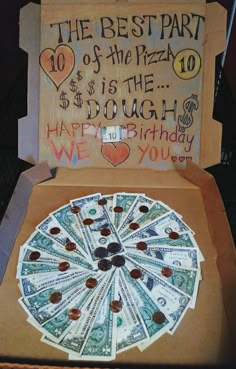 a pizza box filled with lots of money