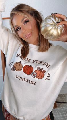 Embrace the fall vibes with our Farm Fresh Pumpkins Crewneck Sweatshirt - This cozy crewneck is crafted for comfort + style! The perfect addition to your fall wardrobe Farm Fresh Pumpkins Sweatshirt Crewneck Comfy + Cozy 68% Cotton, 32% Polyester Measurements: Measured lying flat XS: Sizing: (0/3) | Length: 26” S: Sizing: (4/6)| Length: 26 1/2” M: Sizing: (8/10) | Length: 27” L: Sizing: (12/14) | Length: 27 1/2” Model Specs: Karli is wearing a size small in the photo.How will this item fit you? Check out our MODEL SPECS (Typical Sizing - Karli: S-Size 5/26 - 5ft 2in, Emily: S-Size 3/25 - 5ft 5in, Syd: L/XL- Size 15/ - 5ft 8in)Need help with sizing? No problem! Join our VIP group on Facebook, Everyday Chic Boutique VIP Insiders to chat directly with our team and other customers just like yo Fall Loungewear T-shirt, Fall Crew Neck Sweater With Graphic Print, Fall Graphic Print Crew Neck Sweater, Cozy Fit Crew Neck Sweatshirt For Fall, Cozy Crew Neck Tops For Fall, Fall Crew Neck T-shirt With Relaxed Fit, Fall White T-shirt For Loungewear, Oversized Crew Neck T-shirt For Fall, Cozy Fall Sweater With Graphic Print