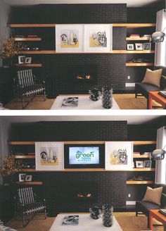 two pictures of a living room with black and white walls, one has a television on the wall