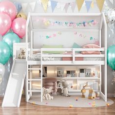 a room with balloons, furniture and decorations on the walls is decorated in pastel colors