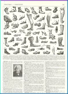 an old book page with many different types of footwear and their names on it