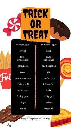 the trick or treat poster is shown with candy and cookies