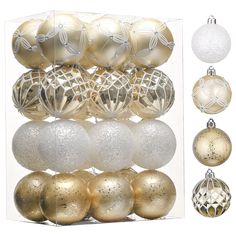 an assortment of gold and white christmas ornaments